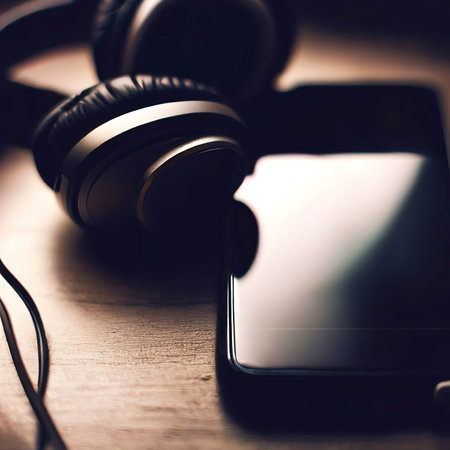 Headphones and smartphone on a wooden surfaceの素材
