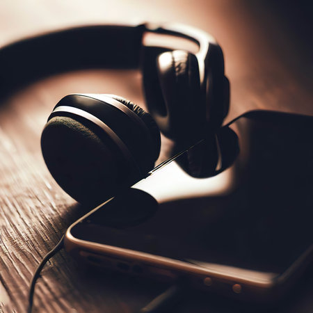 Headphones and smartphone on a wooden surfaceの素材