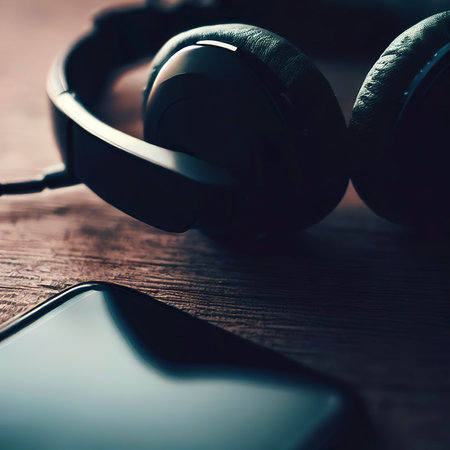 Headphones and smartphone on a wooden surfaceの素材