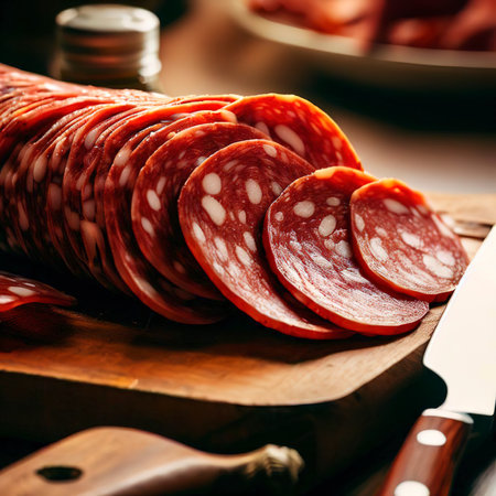 italian salami slices on cutting board with kitchen knifeの素材
