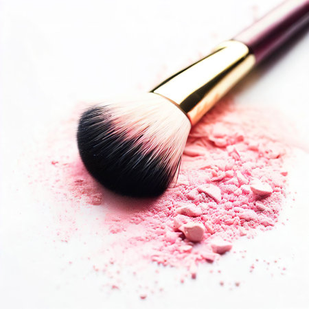 Makeup brush and pink cosmetic powder on white background.の素材