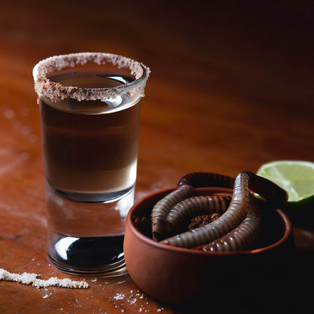 Mezcal Mexican drink with worm salt on wooden tableの素材