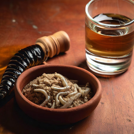 Mezcal Mexican drink with worm salt on wooden tableの素材