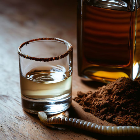 Mezcal Mexican drink with worm salt on wooden tableの素材