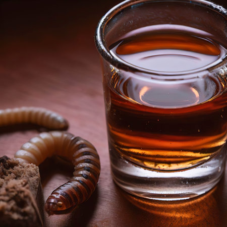 Mezcal Mexican drink with worm salt on wooden tableの素材