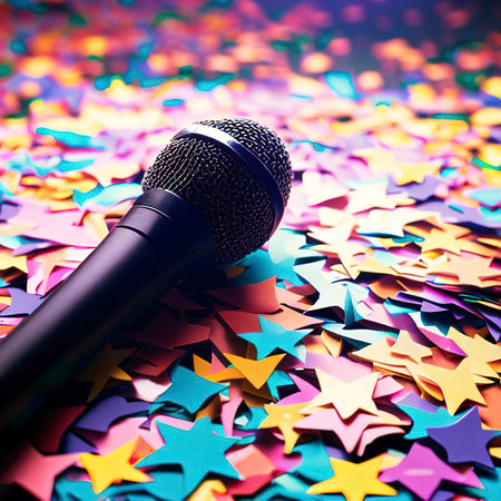 Paty background of colorful star shaped confetti with microphoneの素材