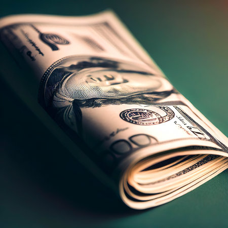 One hundred dollars bill folded on a green backgroundの素材
