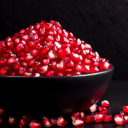 Pomegranate seeds in a black bowl on a black backgroundの素材
