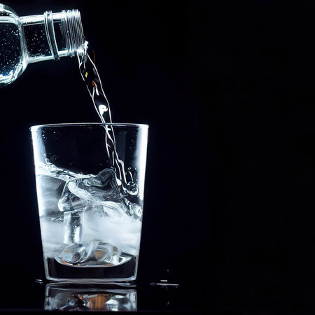 Pouring gin tonic drink into a glass on black backgroundの素材