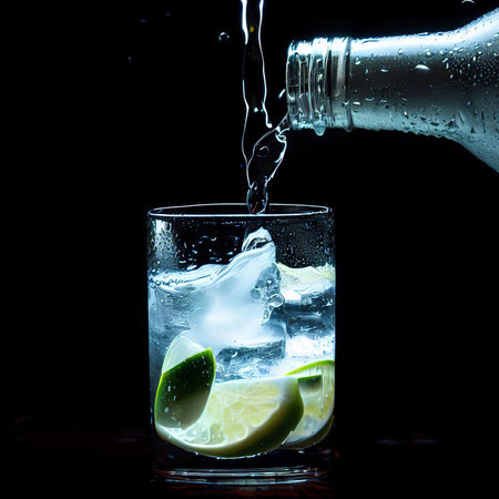 Pouring gin tonic drink into a glass on black backgroundの素材