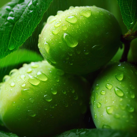 Rainy green plums with green leaves close-upの素材