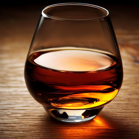 Glass of cognac over wooden surfaceの素材
