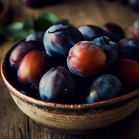 Fresh plums in a rustic bowl on a wooden tableの素材