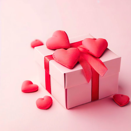 pink gift box with red hearts on a pink backgroundの素材