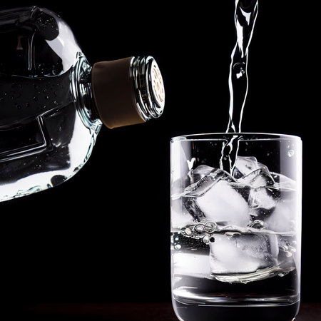 Pouring gin tonic drink into a glass on black background