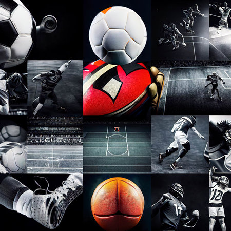 Multi sport collage football boxing soccer voleyball ice hockey on black backgroundの素材