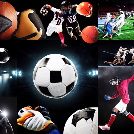Multi sport collage football boxing soccer voleyball ice hockey on black backgroundの素材