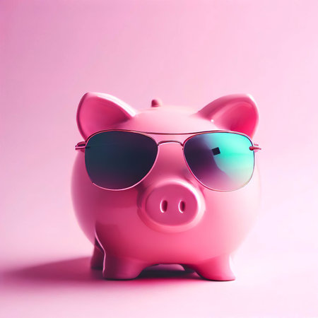 pink piggy bank with sunglassesの素材