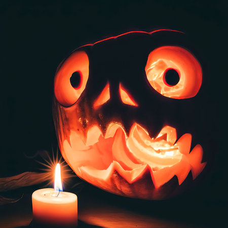 Scared Jack O Lantern and candle light in pumpkin for happy halloweenの素材