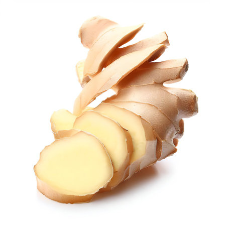 sliced fresh ginger root isolated on white backgroundの素材