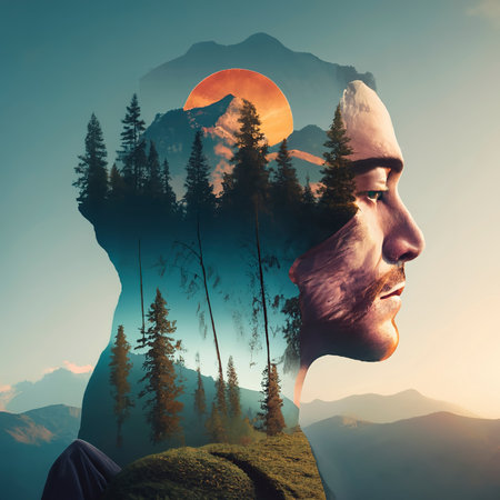 double exposure photography of a man and natureの素材