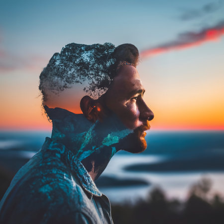 double exposure photography of a man and natureの素材
