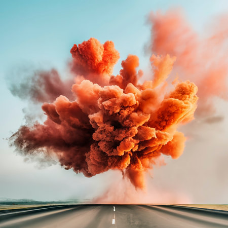 Red powder explosion cloud on white backgroundの素材