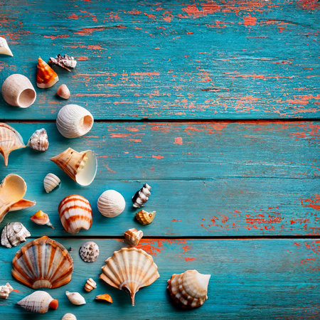 Seashells on blue wood, sea vacation background with copy space on wooden planksの素材