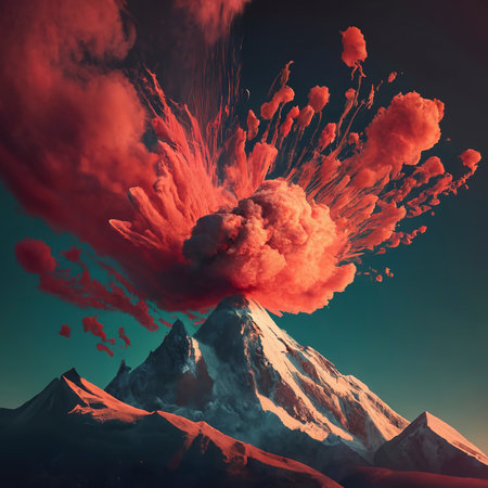 Red powder explosion cloud on black backgroundの素材