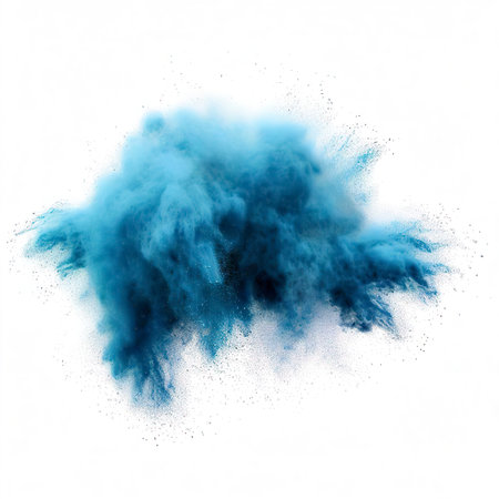 Blue powder explosion cloud on white backgroundの素材