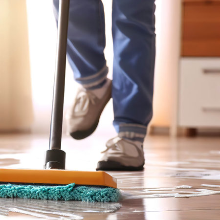 Cleaning floor in room close-upの素材
