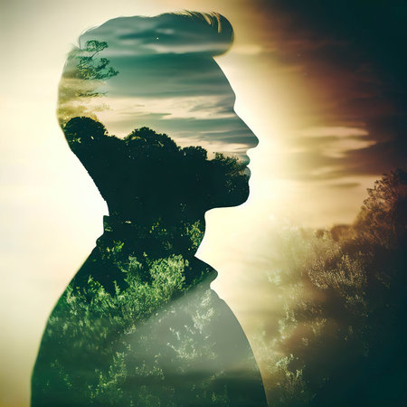double exposure photography of a man and natureの素材