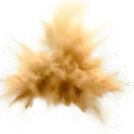 Golden powder explosion cloud on white backgroundの素材