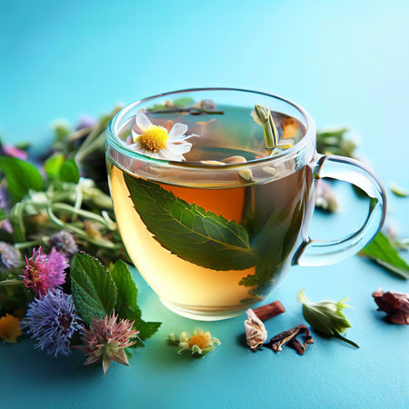 Herbal tea on blue backgroundの素材