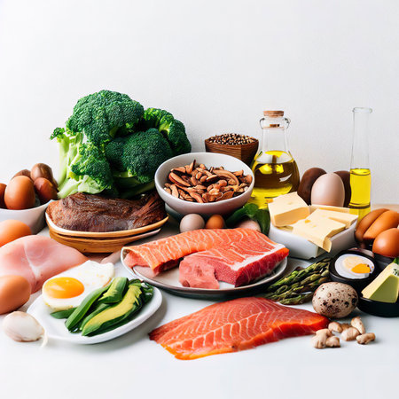 ketogenic low carbs diet - food selection on white wallの素材
