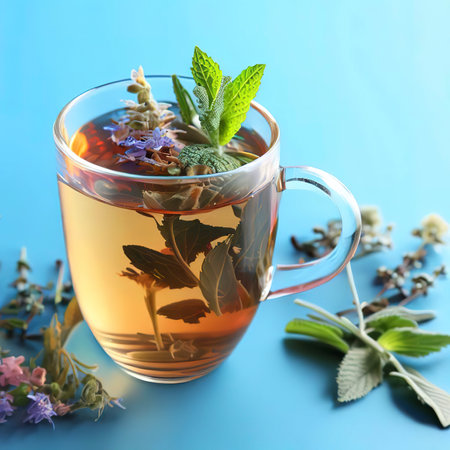 Herbal tea on blue backgroundの素材