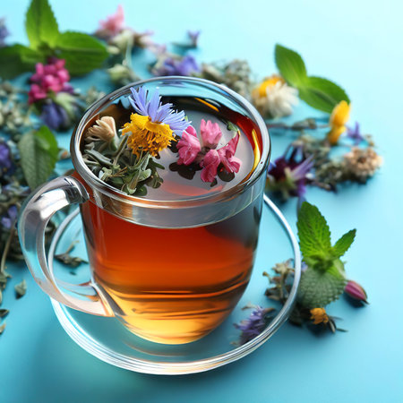 Herbal tea on blue backgroundの素材