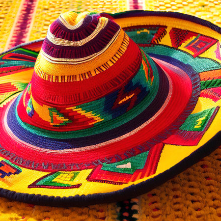 Multi colored traditional mexican sombrero on yellow rugの素材