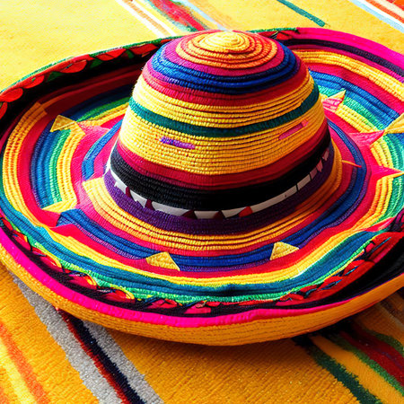 Multi colored traditional mexican sombrero on yellow rugの素材
