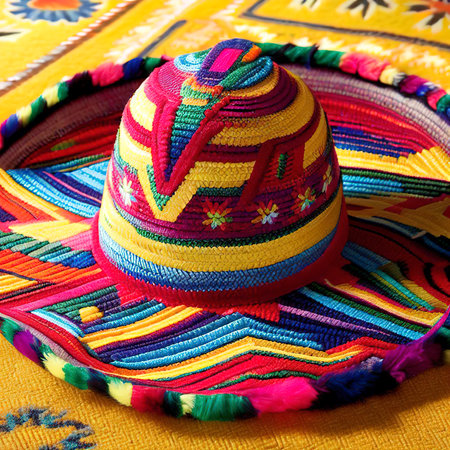Multi colored traditional mexican sombrero on yellow rugの素材