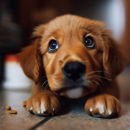 puppy with his puppy eyes waiting for his kibbles in the kitchenの素材