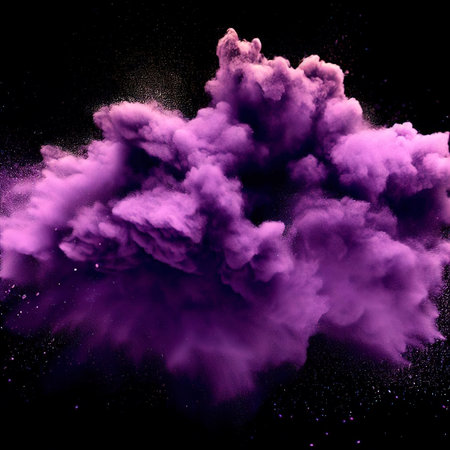 Purple powder explosion cloud on black backgroundの素材