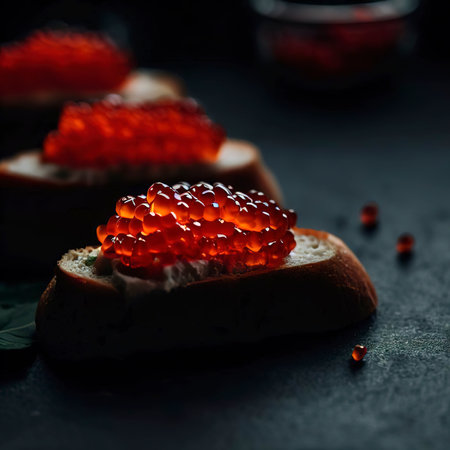 Red caviar on a dark background sandwiches with caviarの素材