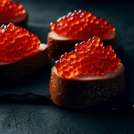Red caviar on a dark background sandwiches with caviarの素材