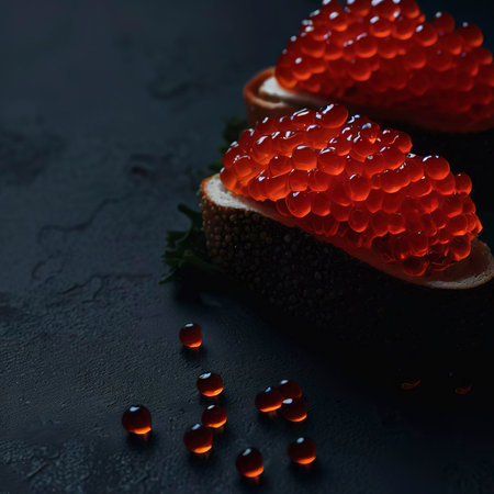 Red caviar on a dark background sandwiches with caviarの素材