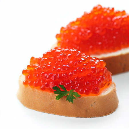 Red caviar on a white background sandwiches with caviarの素材