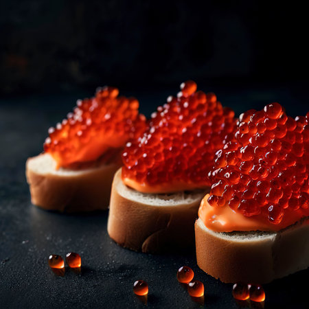 Red caviar on a dark background sandwiches with caviarの素材