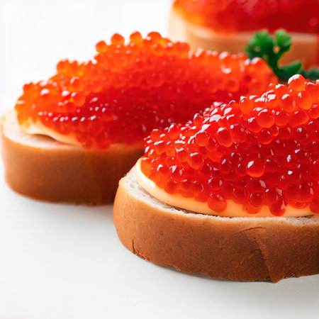 Red caviar on a white background sandwiches with caviarの素材