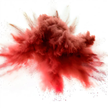 Red powder explosion cloud on white backgroundの素材