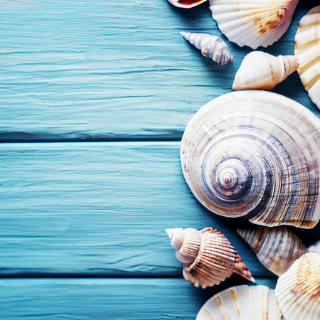 Seashells on blue wood, sea vacation background with copy space on wooden planksの素材